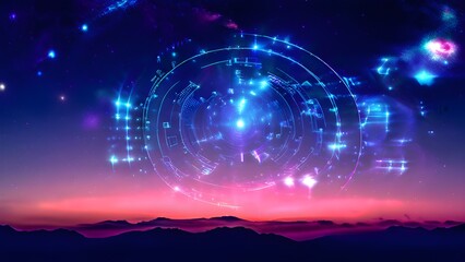 night sky photography transformed into a tech inspired universe with stars replaced by digital art icons