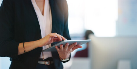 Aufkleber - Woman, business and online on tablet in office for corporate research for task or project and networking. Female entrepreneur, closeup and browsing on company website for feedback and information.