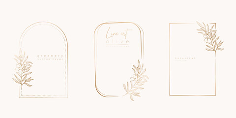 Botanical line art illustration set of olive leaves, branch frames for wedding invitation and cards, logo design, web, social media and posters template. Elegant minimal style floral vector isolated.