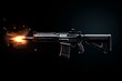 © R-CHUN - firing assault riffle shooting firepower bullets isolated on black background for special operations and tactical team concepts as banner with copyspace area.