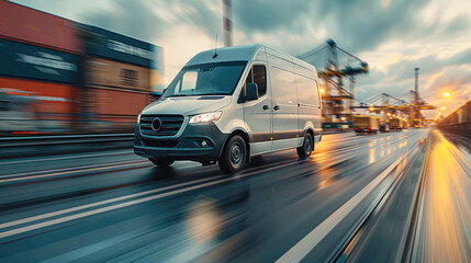 Poster - A white cargo van driving on highway in silver color, motion blur background of a shipping port. Generative AI.