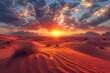 Panoramic view of the desert at sunset with golden sand dunes stretching to the horizon under blue and orange skies.