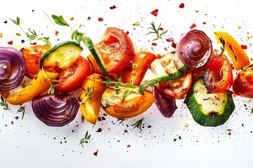 Poster - Colorful and aromatic vegetarian dish with grilled peppers, tomatoes, onions and eggplants on a white background.