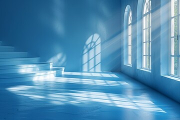 Poster - A spacious room painted in light blue with grand windows allowing sunlight to cast shadows on the floor