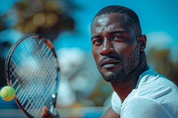 An intense male tennis player with a racket focuses on the ball in a sporty outdoor setting