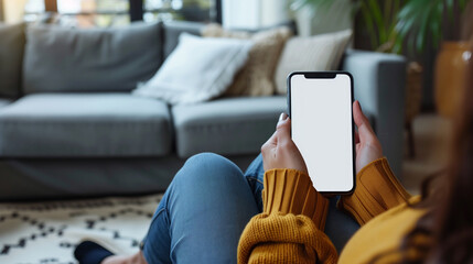 A woman is sitting on a sofa at home with a cell phone in her hand. She is wearing a yellow sweater and jeans. Mockup image of a woman holding mobile phone with blank desktop white screen