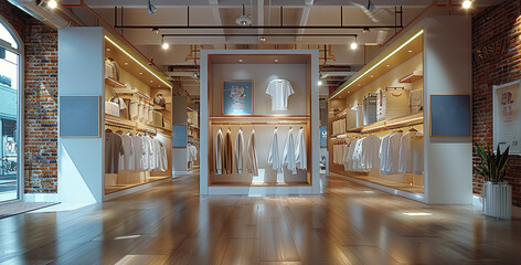 Poster - Clothing store inside with shirts hanging on the hangers. Generative AI.