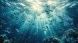 A group of fish swimming in the deep sea, underwater with beautiful light and shadow. Generative AI.