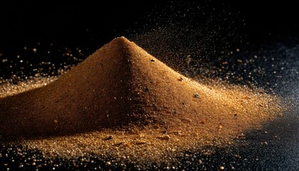 Wall Mural - sand scattered on a black background, each grain illuminated to reveal its intricate texture and sha