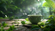 Freshly brewed cup of green tea wooden table green tea steam warm soft light copy space healthy drinks fitness concept