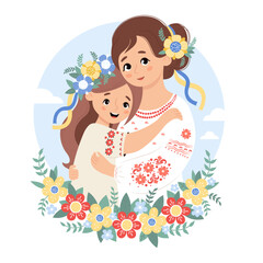 Wall Mural - Ukrainian family. Cute woman mother and daughter in traditional clothes embroidered shirt with floral wreath in flowers against sky. Vector illustration. happy female national character