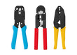 Twisted pair crimping tools with blue red and yellow handles set realistic vector illustration