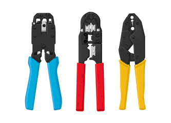 Wall Mural - Twisted pair crimping tools with blue red and yellow handles set realistic vector illustration