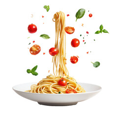 Wall Mural - floated Delicious spaghetti with sources falling into a plate isolate on transparency background PNG