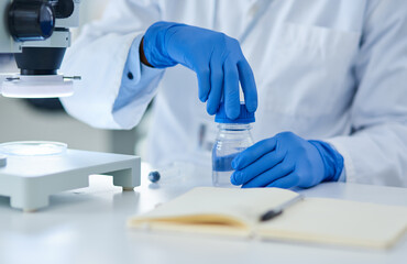 Poster - Hands, scientist and glass tube in laboratory with notebook for test, experiment and liquid sample. Person, gloves and ppe for medical research at pharma company with assessment, gear and container