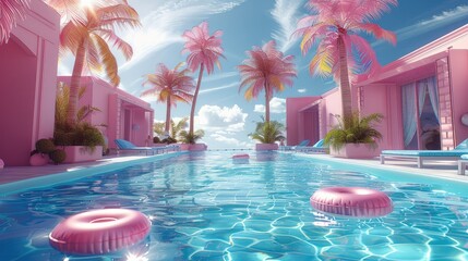 Poster - 3d render of pool party scene with pink and blue elements, summer vibes, palm trees, floating rings in the water, blue chairs around, pink walls. Generative AI.