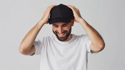 Happy man wearing a black cap mockup isolated on white background