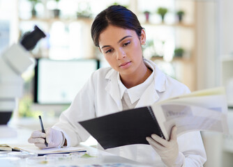 Aufkleber - Science, researcher and woman writing in lab, review experiment and feedback for breakthrough. Person, employee and biotech with document and paperwork for medical information, expert and healthcare