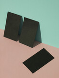 Fototapeta Mapy - Black blank business cards on a blue-pink pastel background. Creative minimal layout. Corporate identity