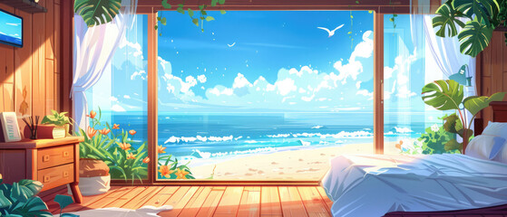 Wall Mural - beautiful illustration of warm home interior cabin summer room near the beach with sea view healing sea breeze, blue sky and clouds, beautiful flowers and plants