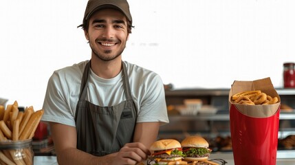Poster - A guy working in a fast-food restaurant, white background, smiling. Generative AI.