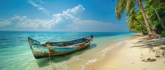 Wall Mural - old abandoned boat on beach painted with bluish white paint in tropical beach paradise as summer landscape with white sand beach, clear blue cloudy sky, calm sea