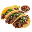 Front view of Tacos de Suadero with Mexican beef brisket tacos, featuring tender and flavorful beef brisket cooked until juicy, isolated on white transparent background