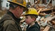 An emotional scene depicting a worker in reflective gear and a child, both facing a demolished area