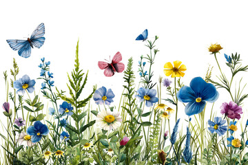 Wildflowers green wild plants and flying butterfly in watercolor style isolated on transparent background.