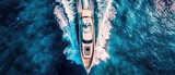 Fototapeta  - A white luxury cruise ship yacht powerboat moves in the middle of the blue sea with splashes of white foam on its tail visible from above created with Generative AI Technology