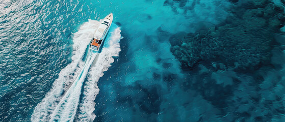 Wall Mural - A white luxury cruise ship yacht powerboat moves in the middle of the blue sea with splashes of white foam on its tail visible from above