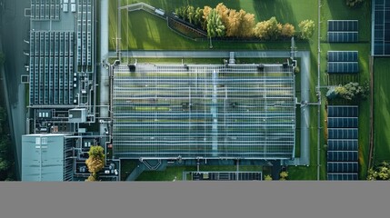 Poster - Top-down view, a factory there are photovoltaic panels on the roof. Generative AI.