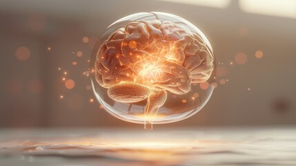 Aufkleber - Regular shape light lamp with brain, soft shadow, floating in the air, clear background, the lamp is clear glass, the composition is balanced. Generative AI.