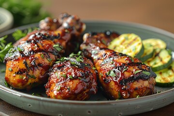 Wall Mural - Honey glazed BBQ chicken drumsticks with beautiful grill marks served on a rustic table garnished with herbs