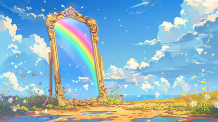 Wall Mural - Cartoon gold ornate mirror frame standing on flower grass ground reflects colorful rainbow and flying diamonds on sky blue background with white clouds