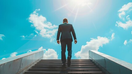 Poster -  An ambitious businessman wearing a suit climbs the stairs to meet new challenges and opportunities against a background of blue sky. The concept of career growth and Success.