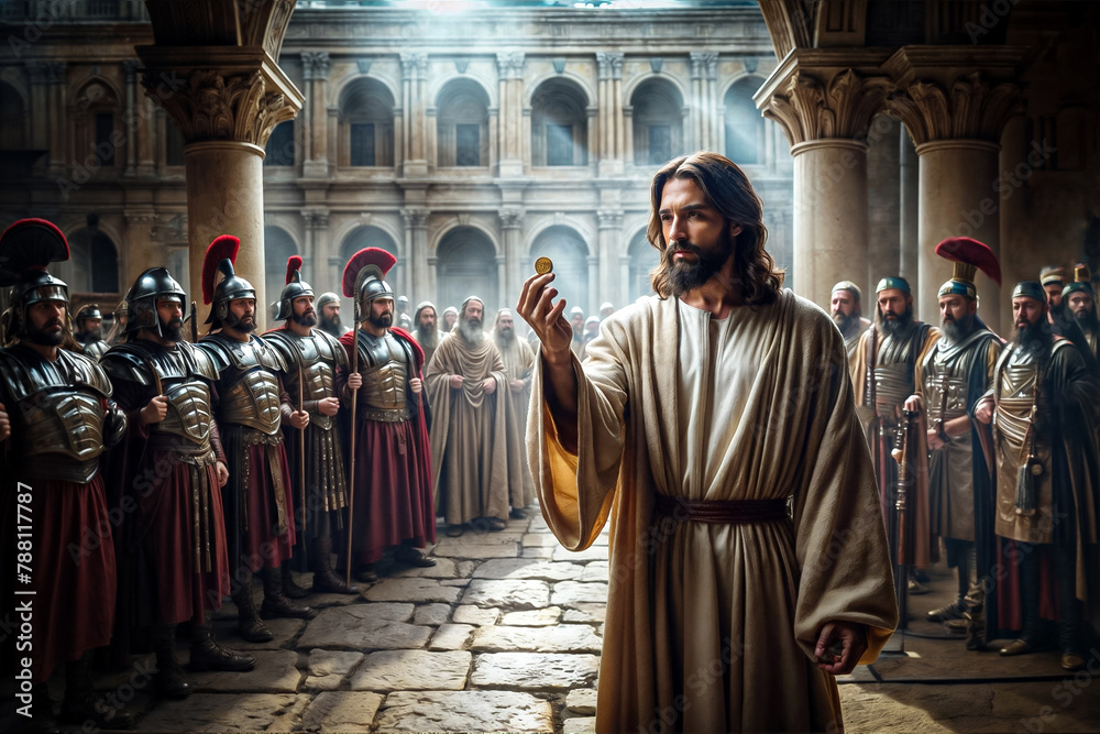 Jesus Holds Denarius Coin Render To Caesar Render To God Stock Photo