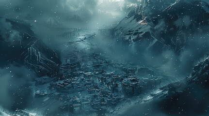 Aufkleber - A post apocalyptic mountain town, covered in snow with fog overhead, at night. Generative AI.