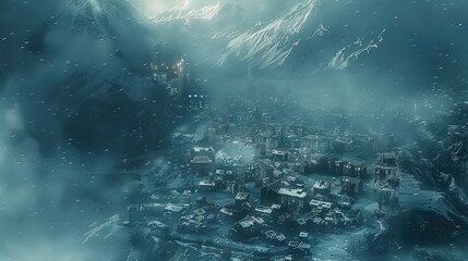 Aufkleber - A post apocalyptic mountain town, covered in snow with fog overhead, at night. Generative AI.
