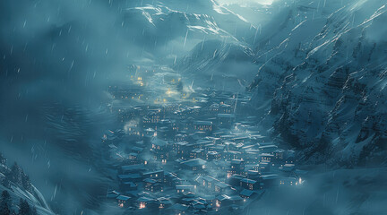 Aufkleber - A post apocalyptic mountain town, covered in snow with fog overhead, at night. Generative AI.