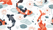 Seamless Japanese pattern with koi fishes swimming