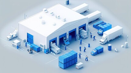 Aufkleber - Minimalist isometric illustration of an all white warehouse with blue pallets and workers unloading, white background,  The illustration is in the style of minimalist isometric works. Generative AI.
