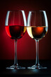 Two glasses with red and white wine on a burgundy background