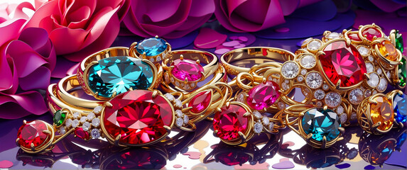 Anime Background and Wallpaper. Colorful anime jewelry and rings on vibrant rose pink purple background