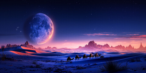 Wall Mural -  long line of camels with person against giant crescent moon in night sky in the middle of Sahara desert. Islamic New Year and Eid Al-Adha theme 