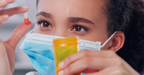 Wall Mural - woman, pills or drugs with mask in lab for medicine, health science and development of product. fema