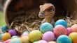 Oviraptor puppy guarding a pile of colorful balls thinking theyre eggs