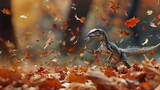 Fototapeta  - A small raptor puppy playfully batting at falling leaves