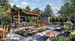 3D rendering of an outdoor kitchen with a bar, seating area and fire pit in the backyard. The setting is a modern home garden with trees and plants around it.
