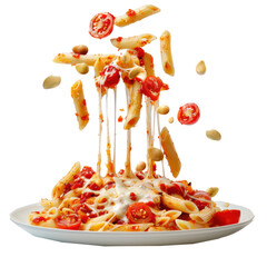 Wall Mural - floated Pasta penne with roasted tomato, sauce, mozzarella cheese falling into a plate isolate on transparency background PNG